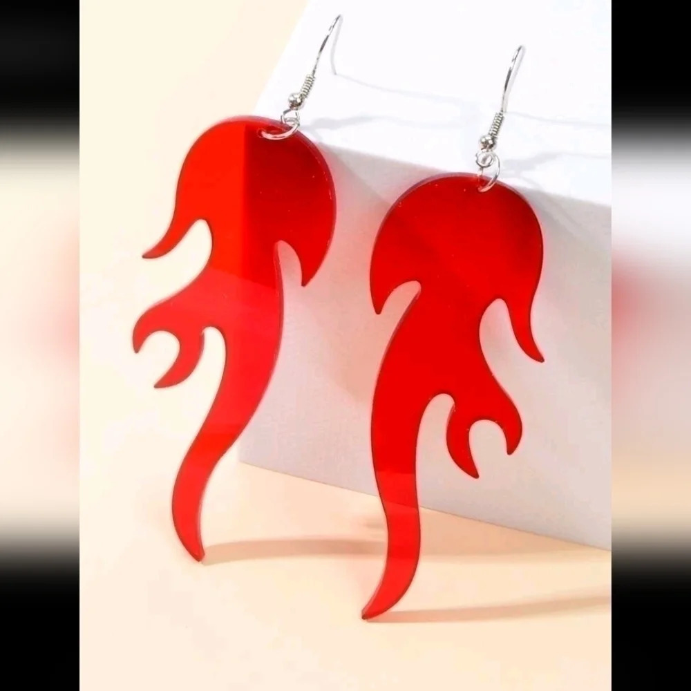 Unique red flame 🔥 dangle earrings jewelry silver plated girls women's fun red